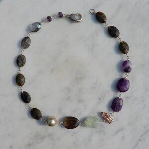 Amethyst, Agate, Keshi Pearl and Silver Bead Necklace